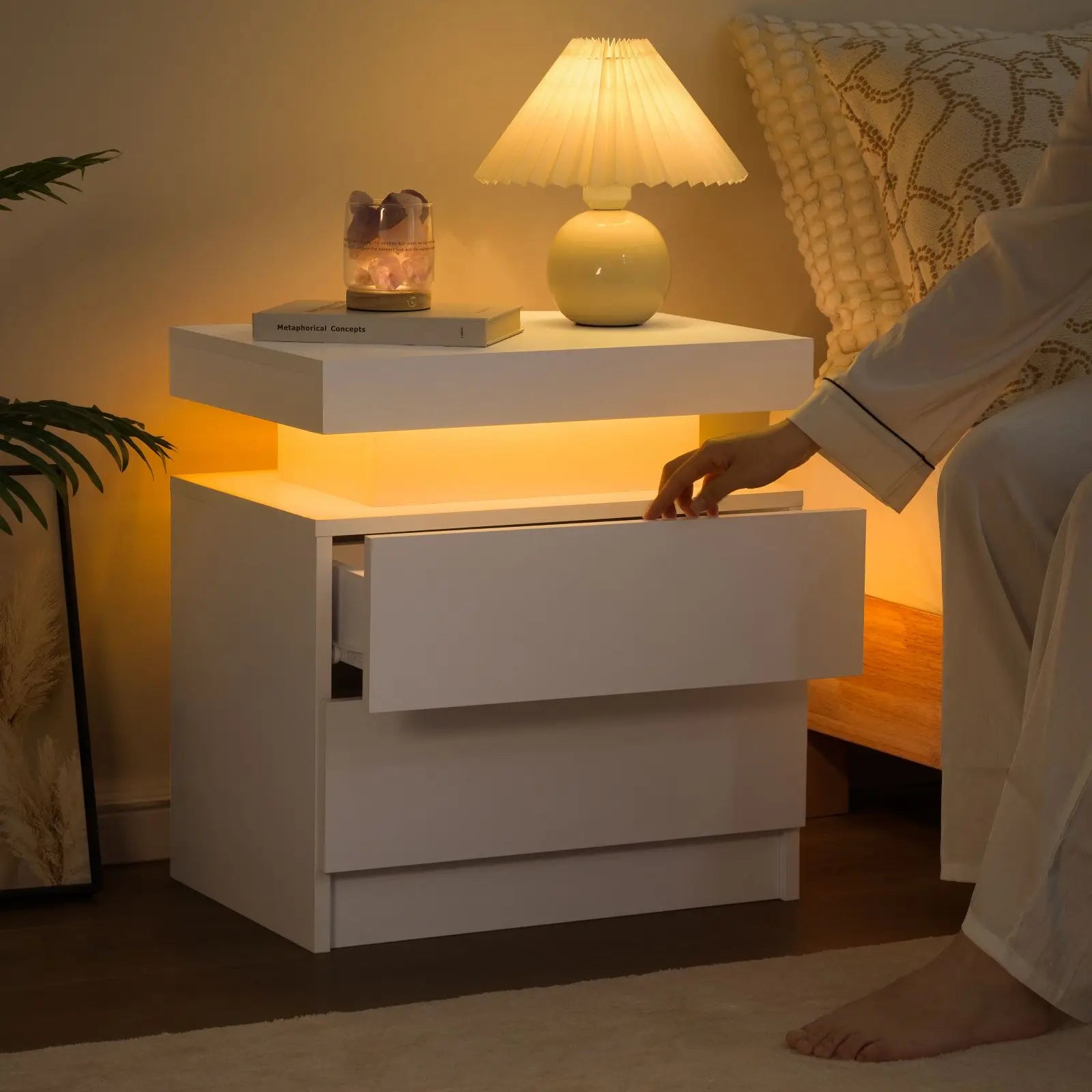 Cubehom LED Nightstands with 2 Drawers, End Table with RGB LED Lights for Bedroom Living Room, White Bedside Table