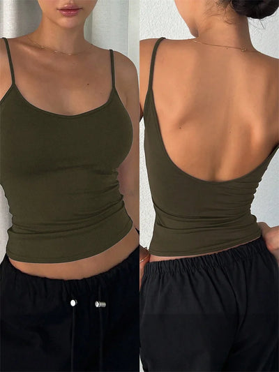 Women Backless Cami Crop Top Summer Solid Color Casual Sleeveless Top Streetwear Y2K Clothes - Smarsty