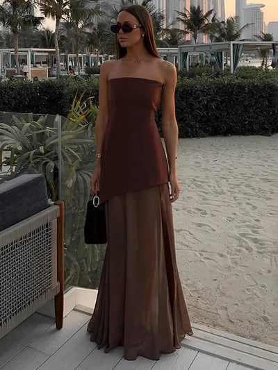 TARUXY Fashion Strapless Dress With Ribbon Female Elegant Sleeveless Mesh Beach Vacation Long Dress 2025 Spring New Women Dress - Smarsty