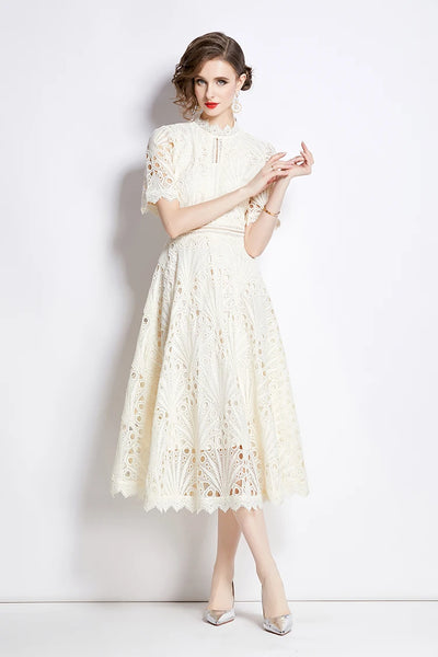 H Han Queen Spring New Elegant Casual Work Party Dresses Floral Crochet Hollow Out Lace Patchwork Casual Office Midi Dress - Smarsty