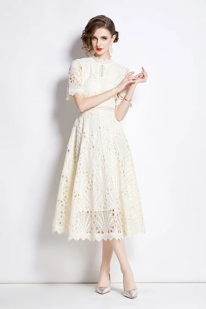 H Han Queen Spring New Elegant Casual Work Party Dresses Floral Crochet Hollow Out Lace Patchwork Casual Office Midi Dress - Smarsty