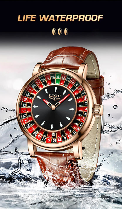 LIGE Waterproof Brown Leather Men's Roulette Watch - Smarsty