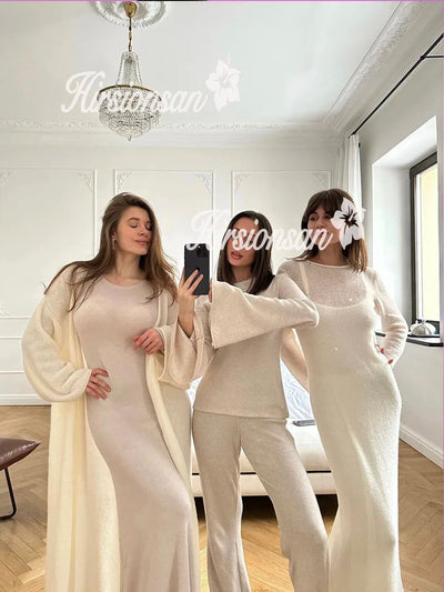 Hirsionsan Spring Autumn O-Neck Elastic Knit Long Dresses Women 2024 Elegant Chic Soft Lady Hollowing Sweater Dresses Femme New - Smarsty