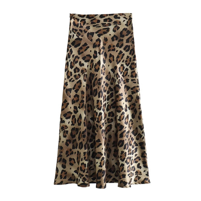 TRAFZA 2024 Women Fashion Leopard Print Skirt Vintage High Waist Midi Skirts Elegant Women Summer Casual Streetwear Skirt - Smarsty
