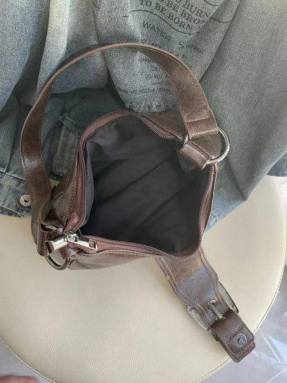 Vintage Leather Shoulder Mini Bag Y2K Wasteland Style - Smarsty