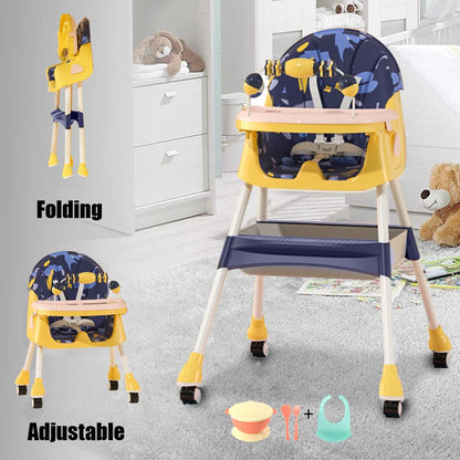 Foldable Baby High Chair 4-in-1 Foldable Reclining Feeding Table Chair Seat 7 Heights With Toyrack Easy To Clean Feeding