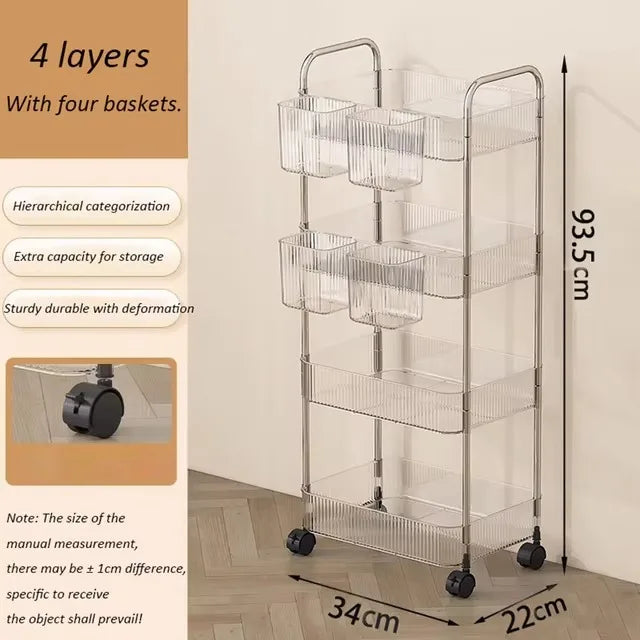 3/4 Layer Rolling Trolley Storage Rack Movable Trolley With Hanging Basket Bathroom Storage Makeup Snack Organizer Transparent by Smarsty