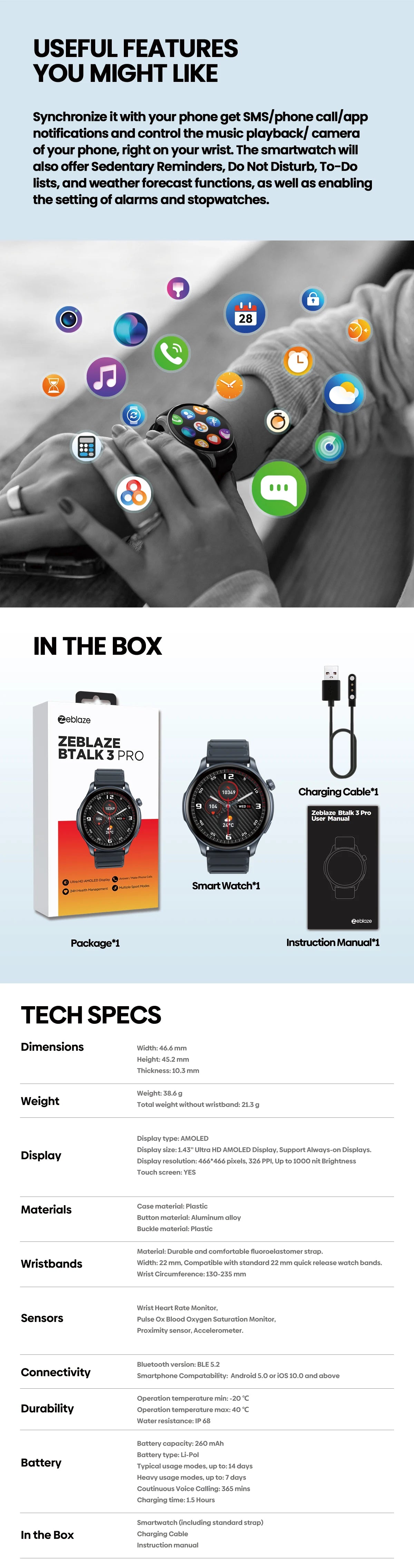 Zeblaze Btalk 3 Pro Smart Watch with AMOLED Display - Smarsty
