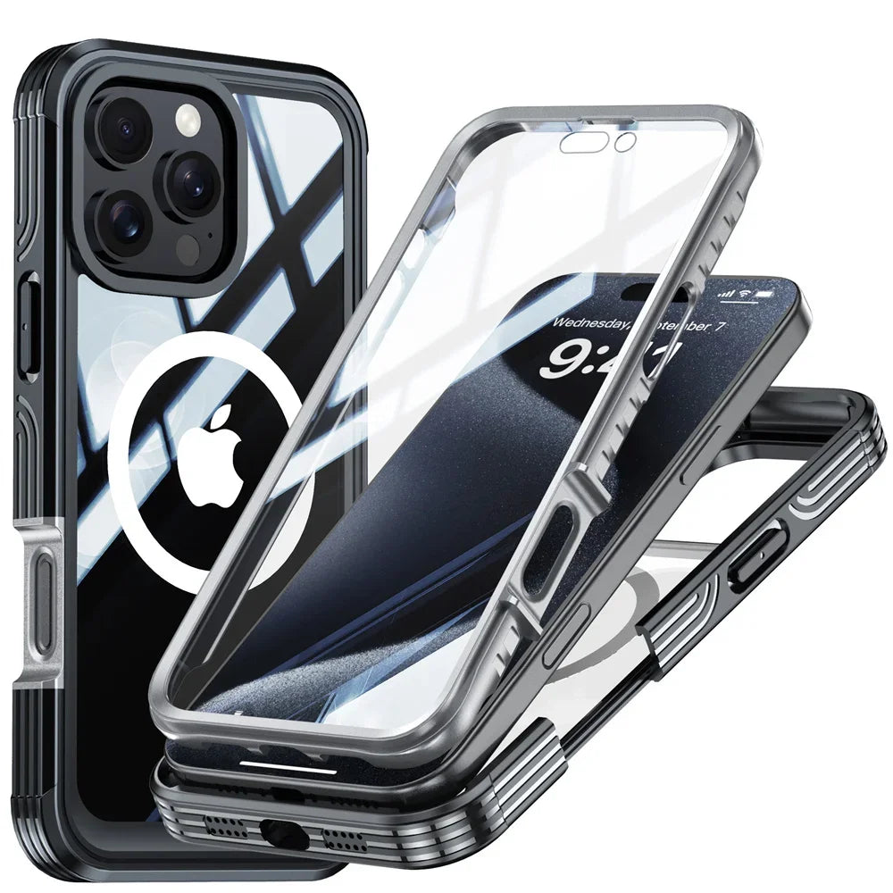 Full Body Protection Magnetic Case for iPhone 16 Pro Max 16e 15 Plus Cover Tempered Glass Magsafe Shockproof Fundas Coque Capa