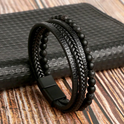 Men Leather Bracelet with Tiger Eye Beads Stylish Gift - Smarsty