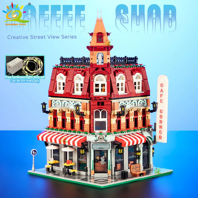 HUIQIBAO Toys MOC City Corner Coffee Shop Architecture Style Street View Micro Building Blocks for Children Construction Bricks - Smarsty