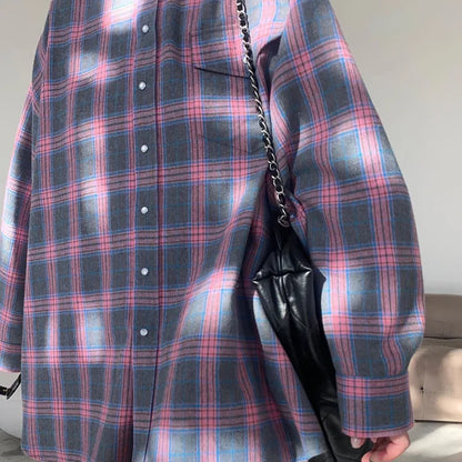 Oversized Plaid Shirt Autumn Winter Women Vintage Long Sleeve Fashion Loose Lapel Pocket Shirt Fit Blouse Korean Style - Smarsty