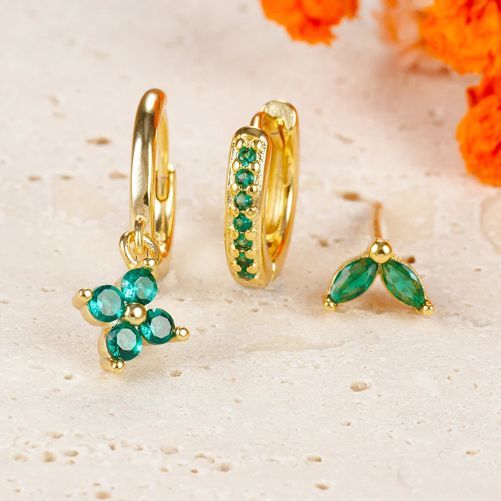 Green Zircon Flower Dangle Earrings Set for Women Fashion Jewelry - Smarsty