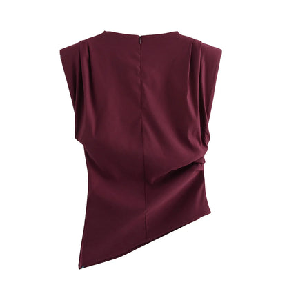 2025 Summer Asymmetric Tank Women Wine Red/Brown/Black Ruched Sleeve Office&Party Tops Breathable Stretchy Slim Fit Streetwear
