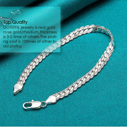 925 Silver Chain Bracelet Unisex Flat Side Lobster Clasp - Smarsty