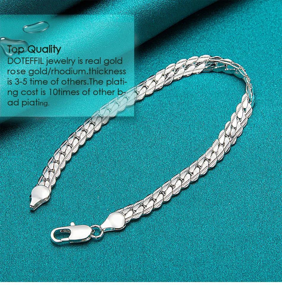 925 Silver Chain Bracelet Unisex Flat Side Lobster Clasp - Smarsty