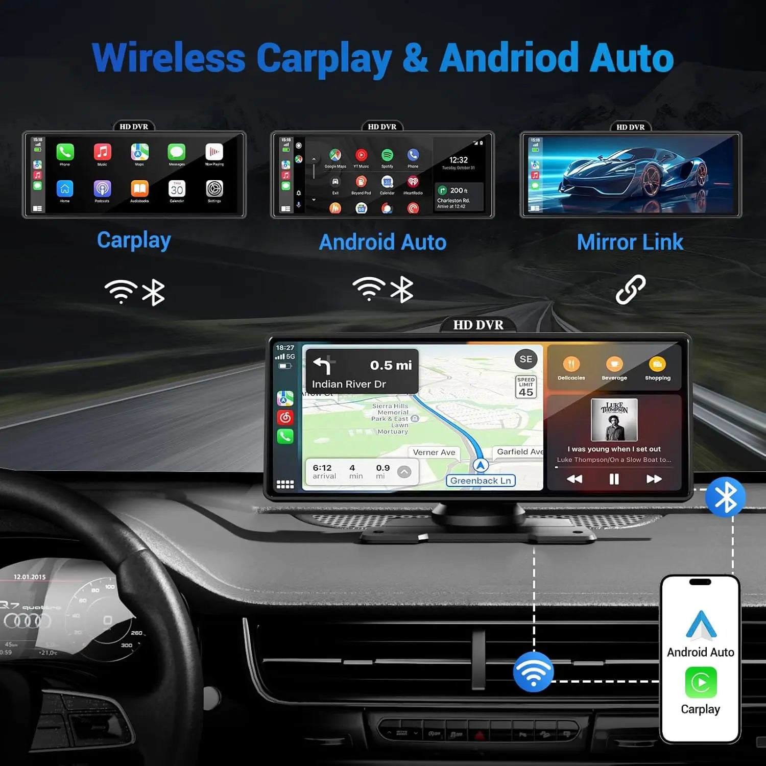 4K Dash Cam With Dual Lens GPS Navigation Wireless CarPlay - Smarsty