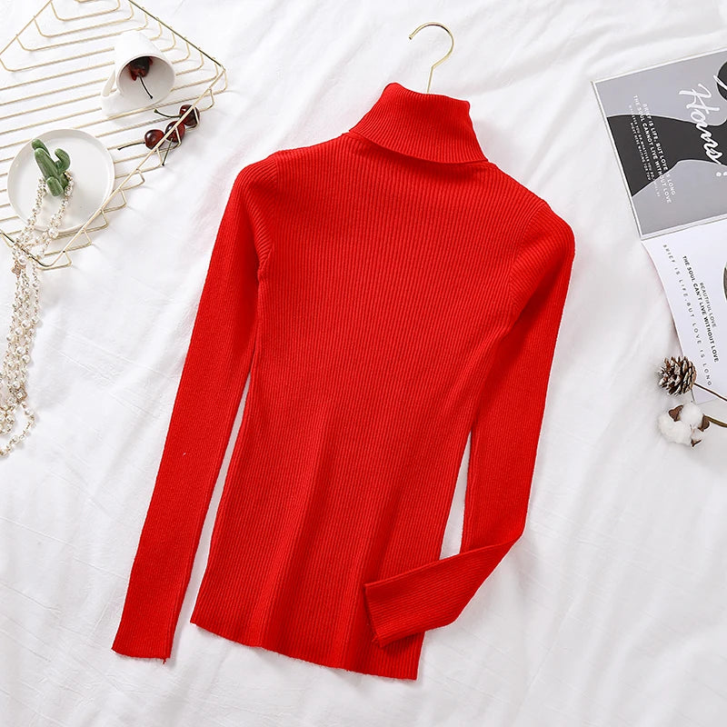 2025 Autumn Winter Women Long Sleeve Knitted Foldover Turtleneck Ribbed Pull Sweater Soft Warm Femme Jumper Pullover Clothes - Smarsty
