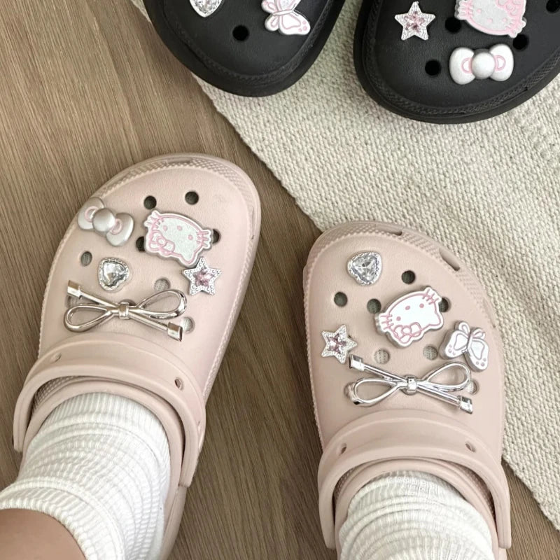 MINISO Silvery Hello Kitty Set Girls Women Shoe Charms DIY Hole Shoes Detachable Buckle Garden Shoes Accessories Festival Gift