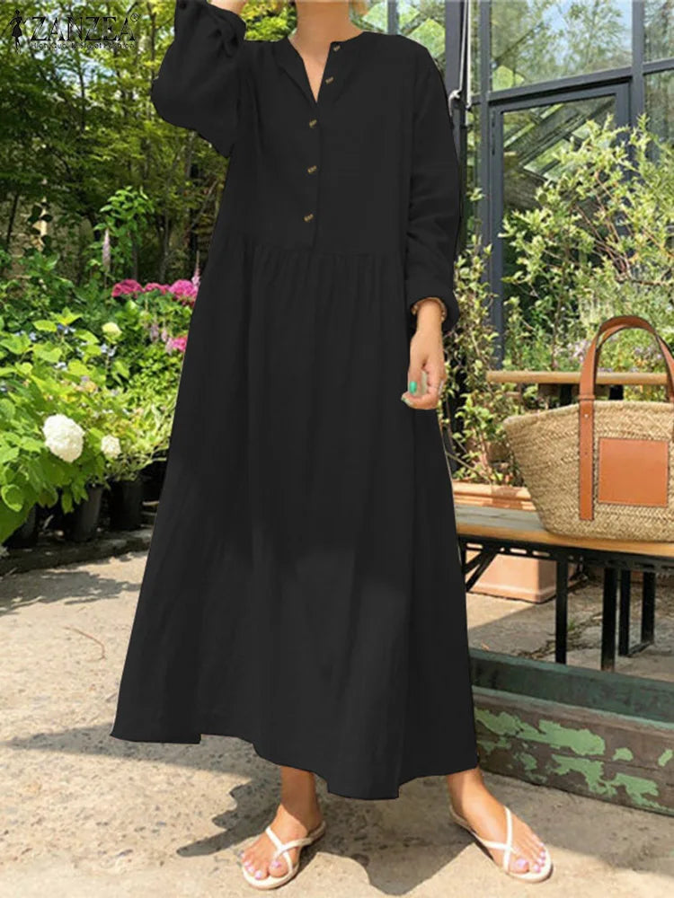 Women's Elegant Solid Cotton Robe Femme 2022 Spring Autumn Bohemian Maxi Dress ZANZEA Casual Long Sleeve Shirt Dresses Oversized - Smarsty