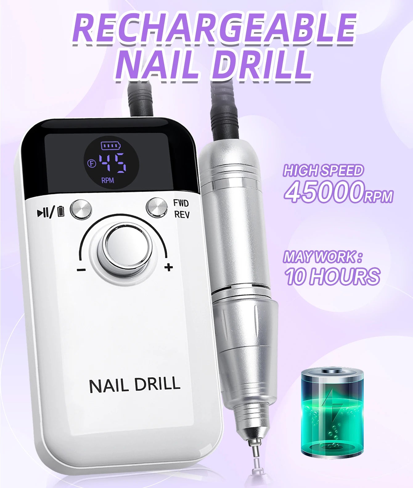 45000RPM Portable Nail Drill Machine for Low Noise Manicure - Smarsty