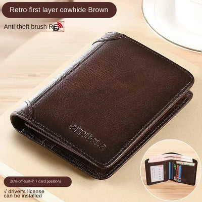 Men Wallet Genuine Leather Rfid Blocking Trifold Wallet Vintage Thin Short Multi Function ID Credit Card Holder Male Purse Money - Smarsty