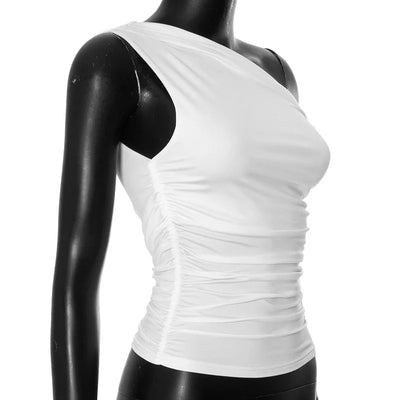 Simple Basic Casual Summer Tank Top Sleeveless Solid Color Off Shoulder Side Ruched Crop Tops Vestidos Spring Women T S - Smarsty