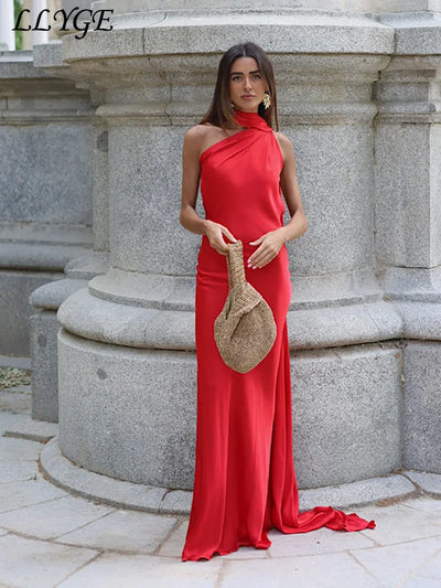 Elegant Women's Ribbon Long Satin Party Dress Halter Backless Sleeveless Female Dresses 2025 Summer Lady Solid Evening Gowns - Smarsty