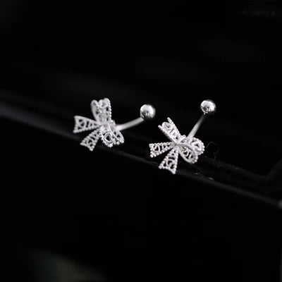 925 Sterling Silver Lace Heart Bow Stud Earrings Minimalist - Smarsty