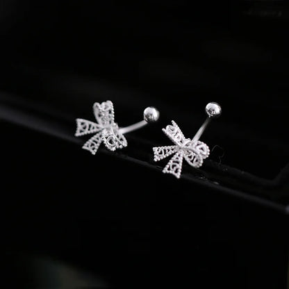 925 Sterling Silver Lace Heart Bow Stud Earrings Minimalist - Smarsty