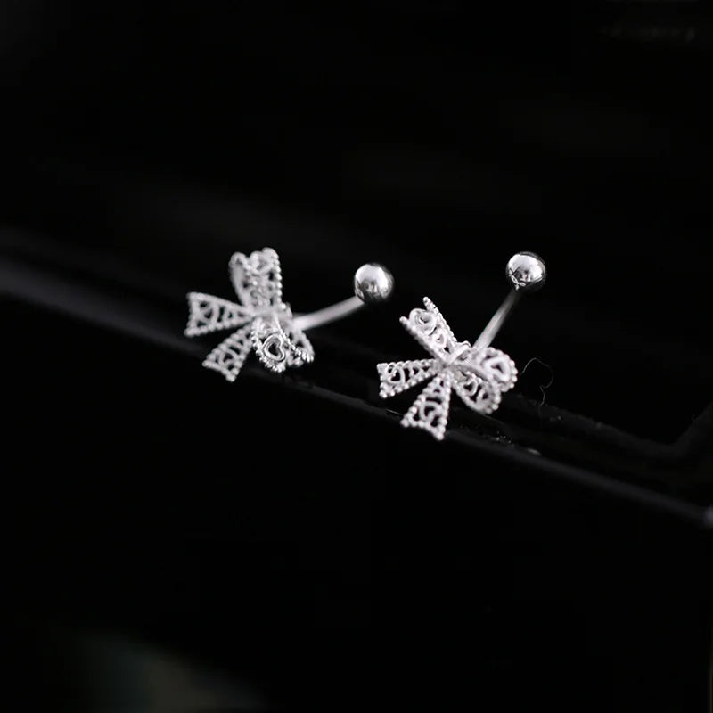 925 Sterling Silver Lace Heart Bow Stud Earrings Minimalist - Smarsty