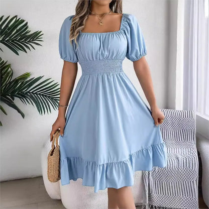 Women's MIidi Dresses 2024 Summer Casual Square Neck Short Sleeved Waist Ruffle Edge Dress Dress Women Elegant Платья Женские - Smarsty