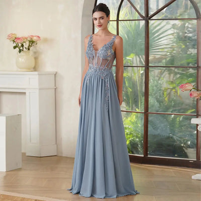 Spaghetti Straps Navy Blue A Line Evening Dresses 2025 Elegant Beaded Appliques Illusion Prom Gowns Formal Party Vestido De Gala - Smarsty