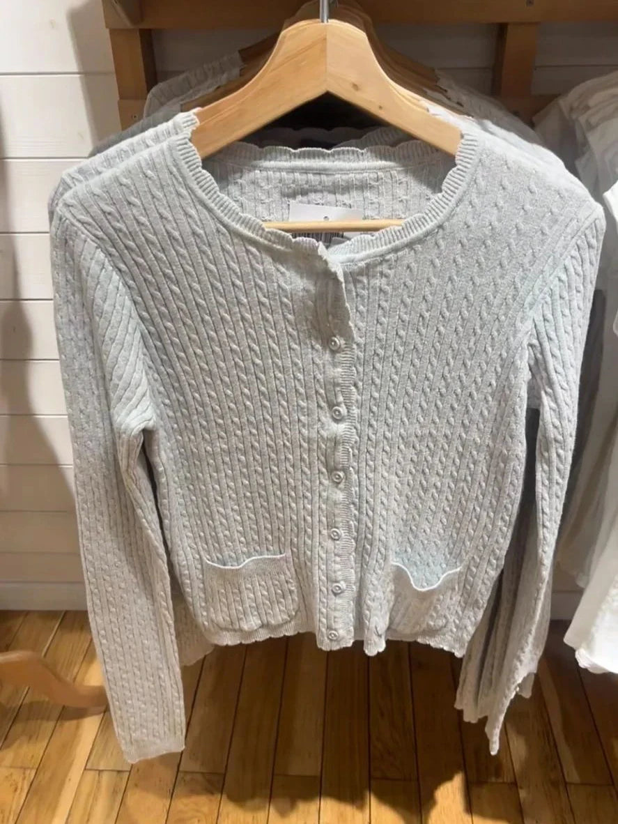 Pockets Twist Flower Knitted Sweater Cardigan O-Neck Single Breasted Long Sleeve Slim Sweaters Vintage Streetwear Gray Crop Tops - Smarsty