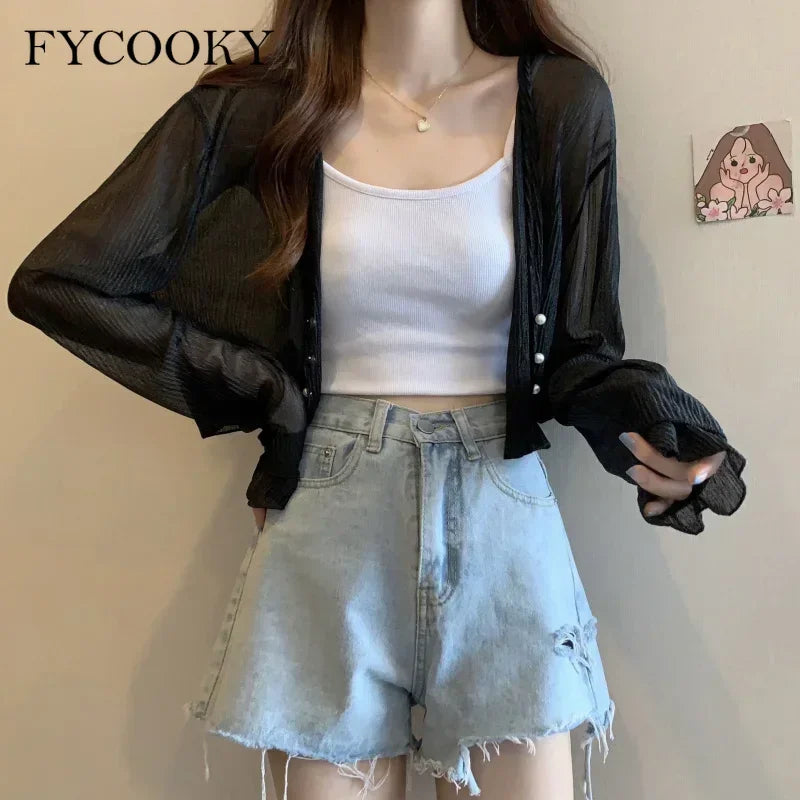 2025 Fairy Style Solid Cardigan Women Summer New Long Sleeve Sunscreen Sweet Beading V-neck Basics Loose Chiffon Cardigan - Smarsty