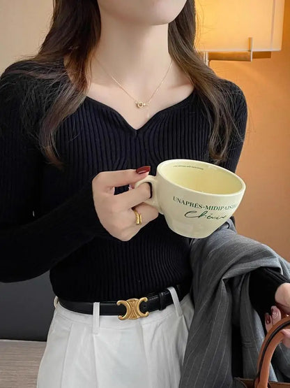 2025 Basic V-neck Chic  Autumn Winter Pullover Women Female Knitted Ribbed Sweater Slim Long Sleeve Badycon High Quality Sweater - Smarsty