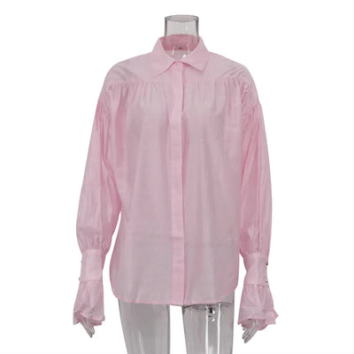 Tossy Casual Loose See-Through Shirts Women's Autumn Lapel Long Sleeve Patchwork Blouse Top Streetwear Female Solid Shirts Top - Smarsty