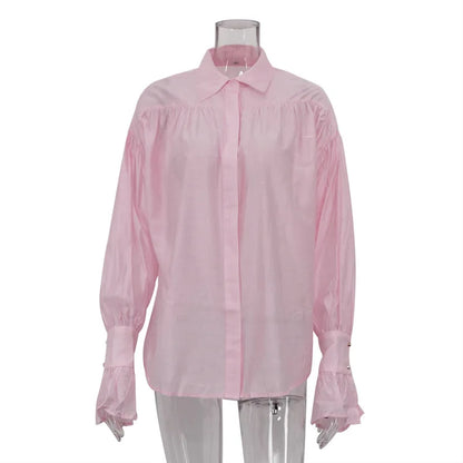 Tossy Casual Loose See-Through Shirts Women's Autumn Lapel Long Sleeve Patchwork Blouse Top Streetwear Female Solid Shirts Top - Smarsty