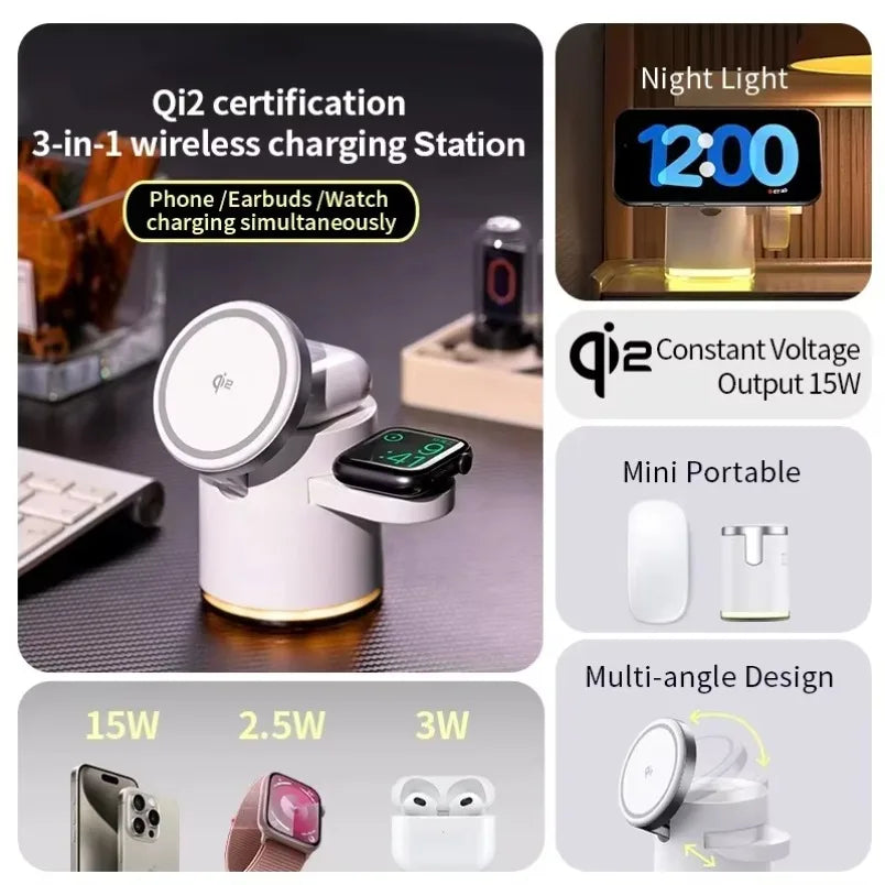 Qi2 3 In 1 Wireless Charger Station With Night Lamp - Smarsty