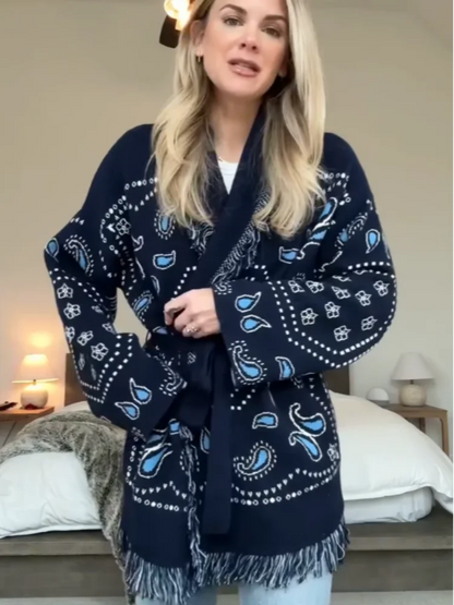 Tassel Patchwork Printed Cardigan Women Geometric Patterns Belts V-neck Long Sleeve Knitted Street Lady Sweater 2025 Autumn Coat - Smarsty