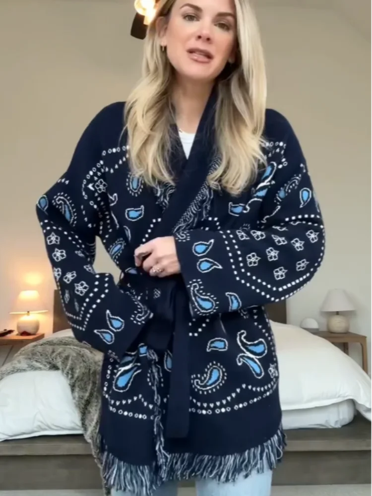 Tassel Patchwork Printed Cardigan Women Geometric Patterns Belts V-neck Long Sleeve Knitted Street Lady Sweater 2025 Autumn Coat - Smarsty