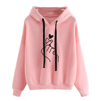 Autumn Fleece Hoodie Solid Color Finger Heart Hooded Korean Fashion Sweatshirts Long Sleeve Top Drawstring Pockets Loose Hoodies - Smarsty