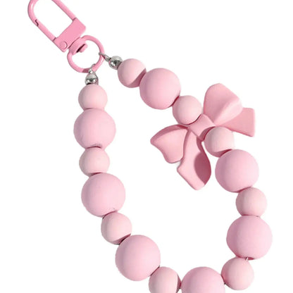 Pink pearl bow keychain, mobile phone chain, earphone bag, anti-lost rope, car keychain, beaded pendant, backpack pendant access