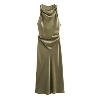 TRAF Satin Long Dresses for Women 2024 Summer Slip Midi Dress Woman Sexy Evening Party Dress Sleeveless Female Elegant Dresses - Smarsty