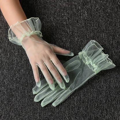 Women Lace Tulle Gloves Stretchy Full Finger Wedding Gloves - Smarsty