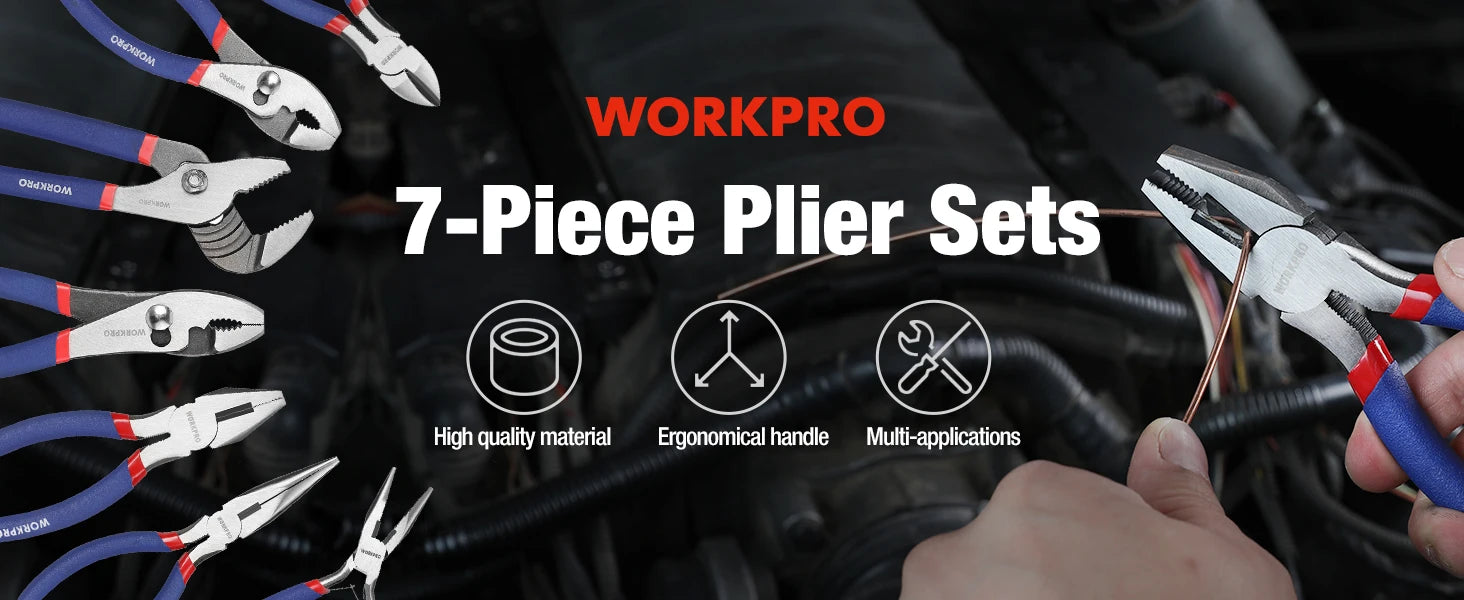 WORKPRO 7-piece  Pliers Set with Groove Joint, Long Nose, Slip Joint, Linesman and Diagonal Pliers for DIY