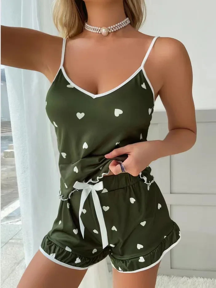 Summer Hot Sale Women's Sleeveless Strap Two-Piece Set Home Sleepwear Soft Drapey Cute Heart Print Sleepwear Ensemble - Smarsty