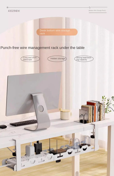 Telescopic Under Table Storage Rack Metal Cable Management Tray Home Office Desk Wire Organizer No Punching Storage Accessories by Smarsty