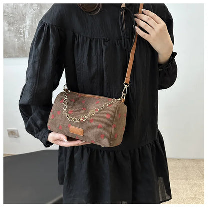 Corduroy Underarm Bag For Women Strawberry Print Mini Tote - Smarsty