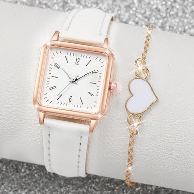 Fashion Square Women's Quartz Watch Set with Leather Band - Smarsty